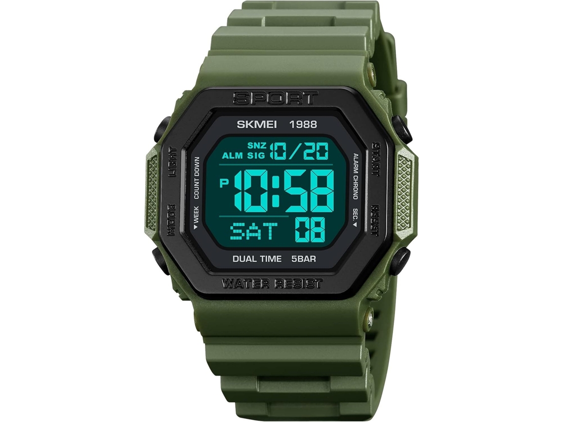Lurelia Relógio Digital Desportivo, Visor Digital, Led, Cronómetro, Alarme, Data/calendário, 12/24h, Duplo Fuso/mostrador, Aço Inoxidável, Abs, Verde