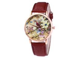 Relógio de pulso Zhoulianfa marrom escuro com mecanismo de quartzo, pulseira de PU e estampa de flores e pássaros.