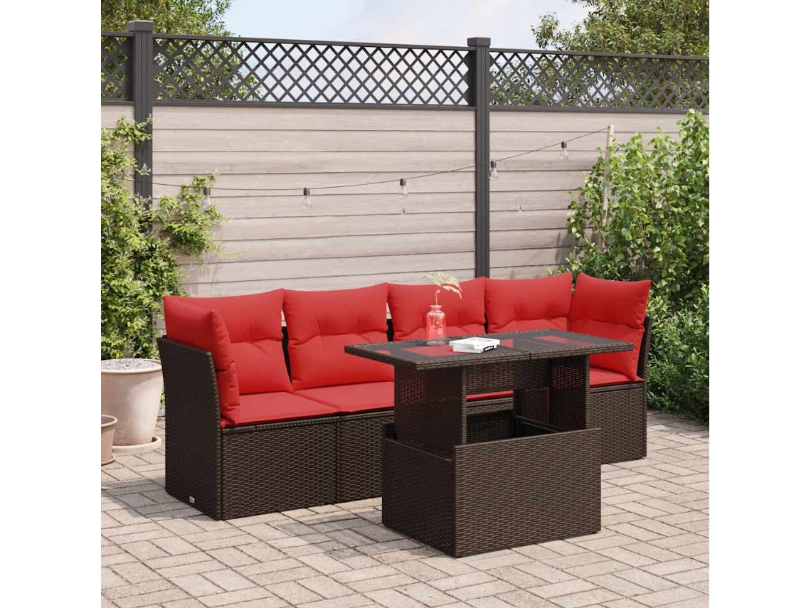 Vidaxl 5 Pcs Conj. Sofás Jardim C/ Almofadões Vime Pe/acácia Castanho