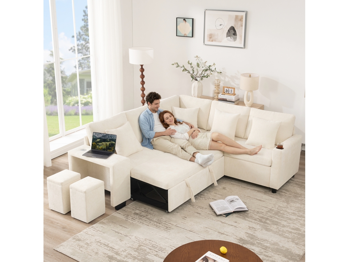 Sofá-cama L Conversível Com Armazenamento, Porta-copos, Apoios Largos, Usb E Usb-c, Inclui Almofadas, Bege