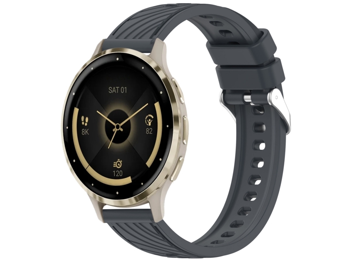 Bracelete Para Garmin Venu 3s (18mm) - Silicone - Textura Listrada - Fivela De Aço Prate Cinza Escuro