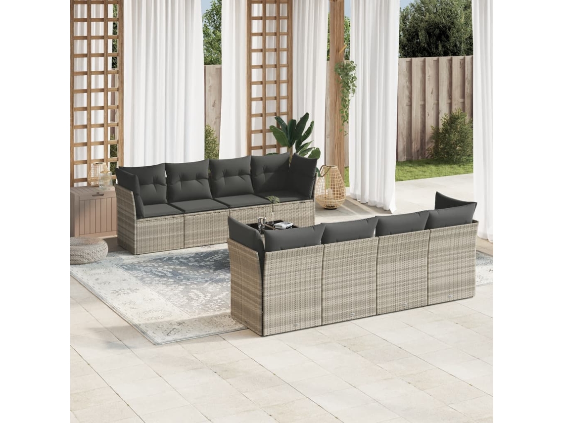 Vidaxl 9 Pcs Conj. Sofás Jardim Com Almofadões Vime Pe Cinzento-claro