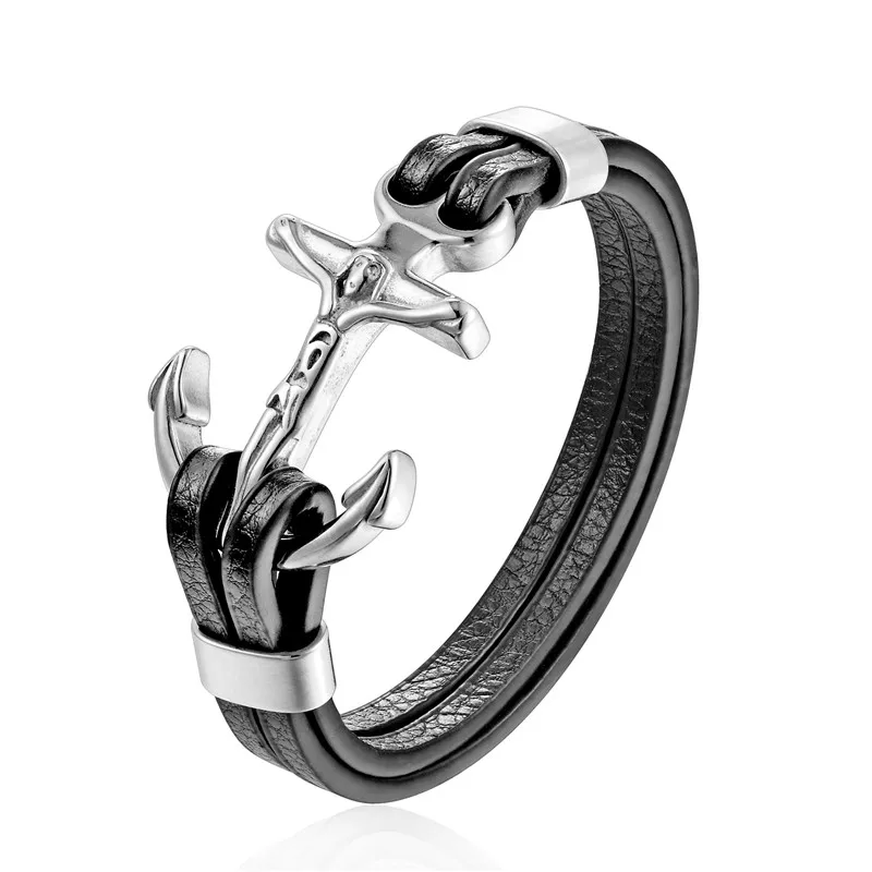 Pulseira Masculina em Couro Genuíno com Pingente de Âncora e Fecho em Aço Inoxidável. MDUG
