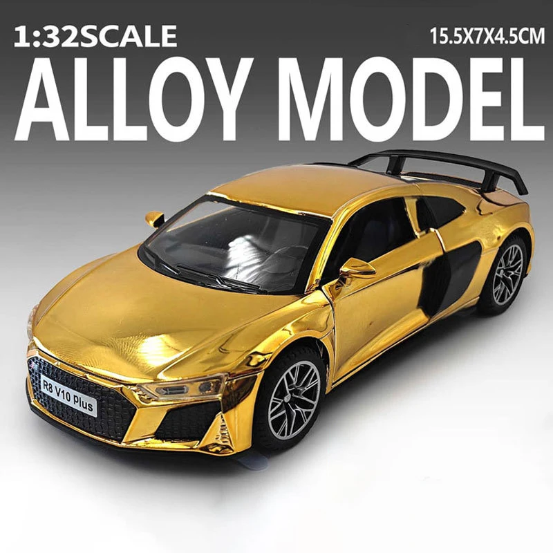 (r8 Gold) 1:32 - Miniatura De Carro Em Liga Metálica - Som E Luz Realistas - Presente