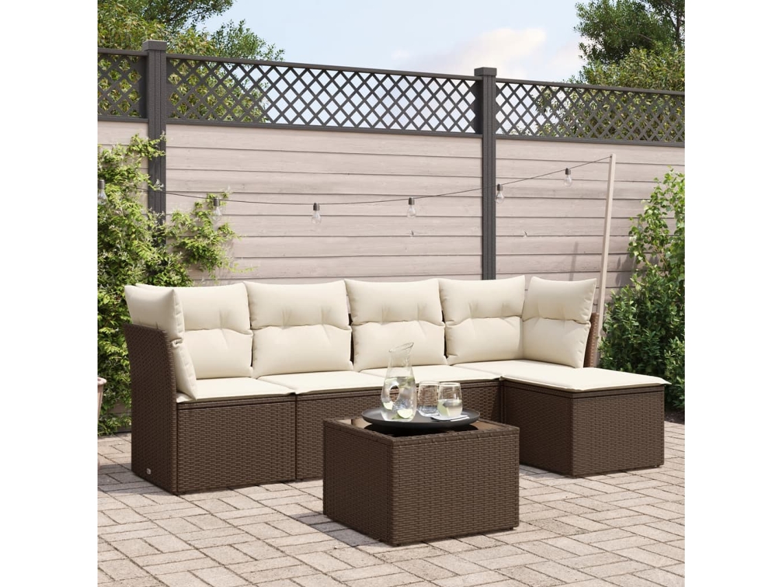Vidaxl 6 Pcs Conjunto De Sofás Jardim C/ Almofadões Vime Pe Castanho