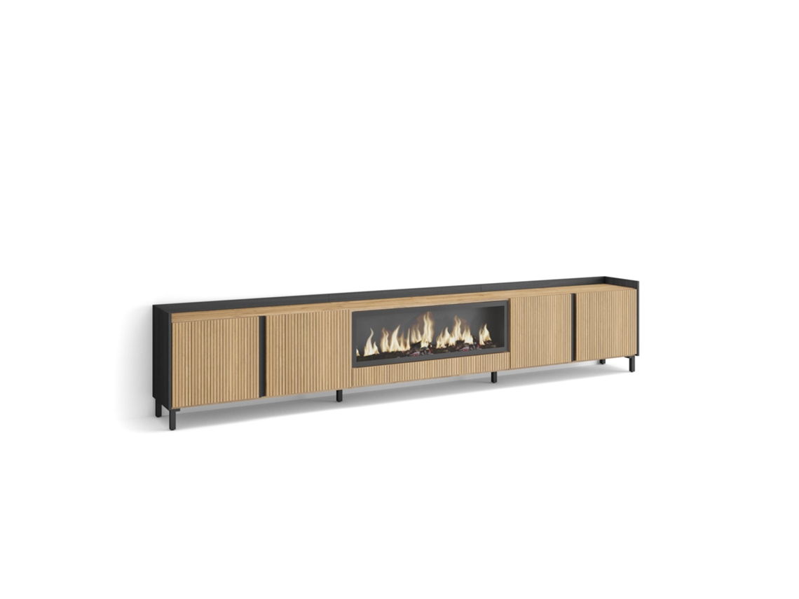 Móvel De Tv, 315x35x61cm, Para Televisores Até 80", Lareira Eléctrica Xxl, Design Industrial, Carvalho E Preto