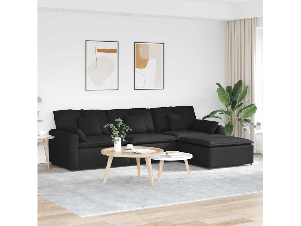 Vidaxl Sofá Modular Com Pufes E Almofadas Preto