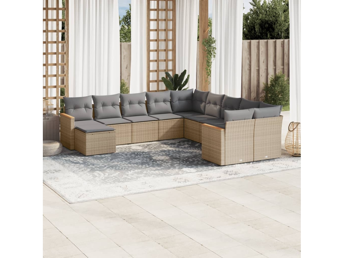 Vidaxl 11 Pcs Conjunto Sofás de Jardim C/ Almofadões Vime Pe Bege