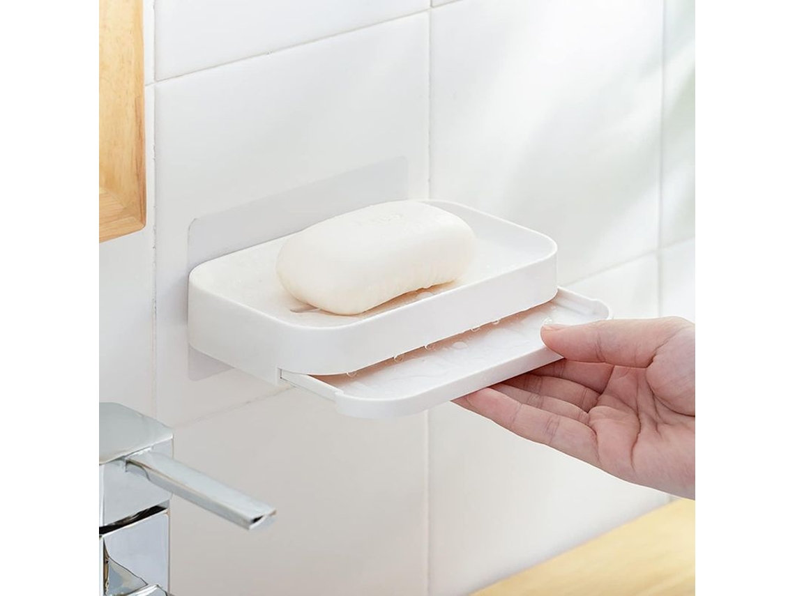 2 Pack de Porta Sabonete Nova Line, com Prateleira de Drenagem, Adesivo, Branco