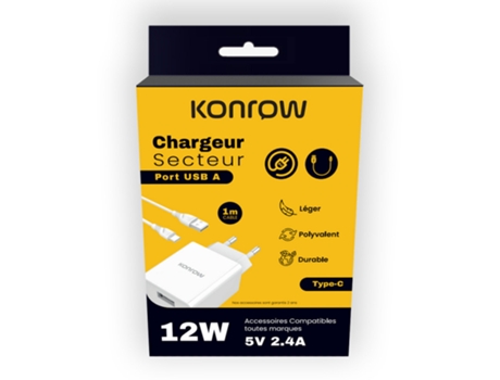 Kk12aatc Chargeur Secteur Complet Blanc (compatible, Blister) Konrow (adaptateur Usb 12w Câble Usb Type C Détachable, 1m)