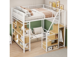 Cama Mezzanine Multifuncional De 140 X 200 Cm, Cama De Metal Com Armazenamento, Prateleiras E Escadas, Cama E Catre De Adulto, Branco-op
