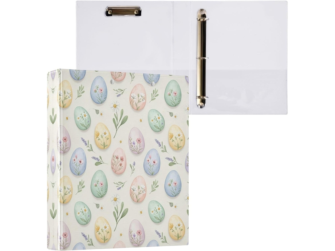 Pasta de 3 Argolas para Papel Tamanho Carta , Lindas Estampas Ovos Páscoa com Prancheta, Pranc (27,9 X 21,6 Cm)