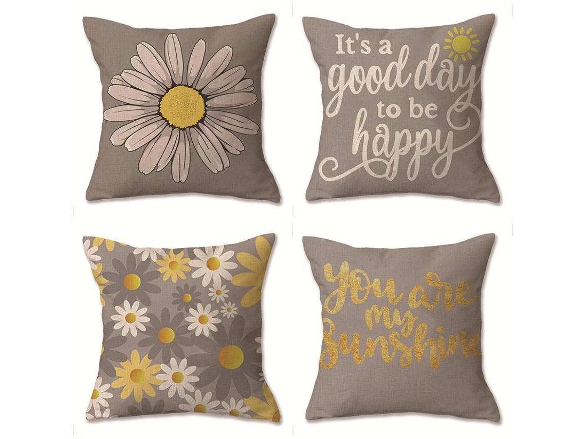 Conjunto De 4 Capas De Almofada Decorativas 'you Are My Sunshine' Amarelo E Cinza, Quadradas 18x18 Polegadas
