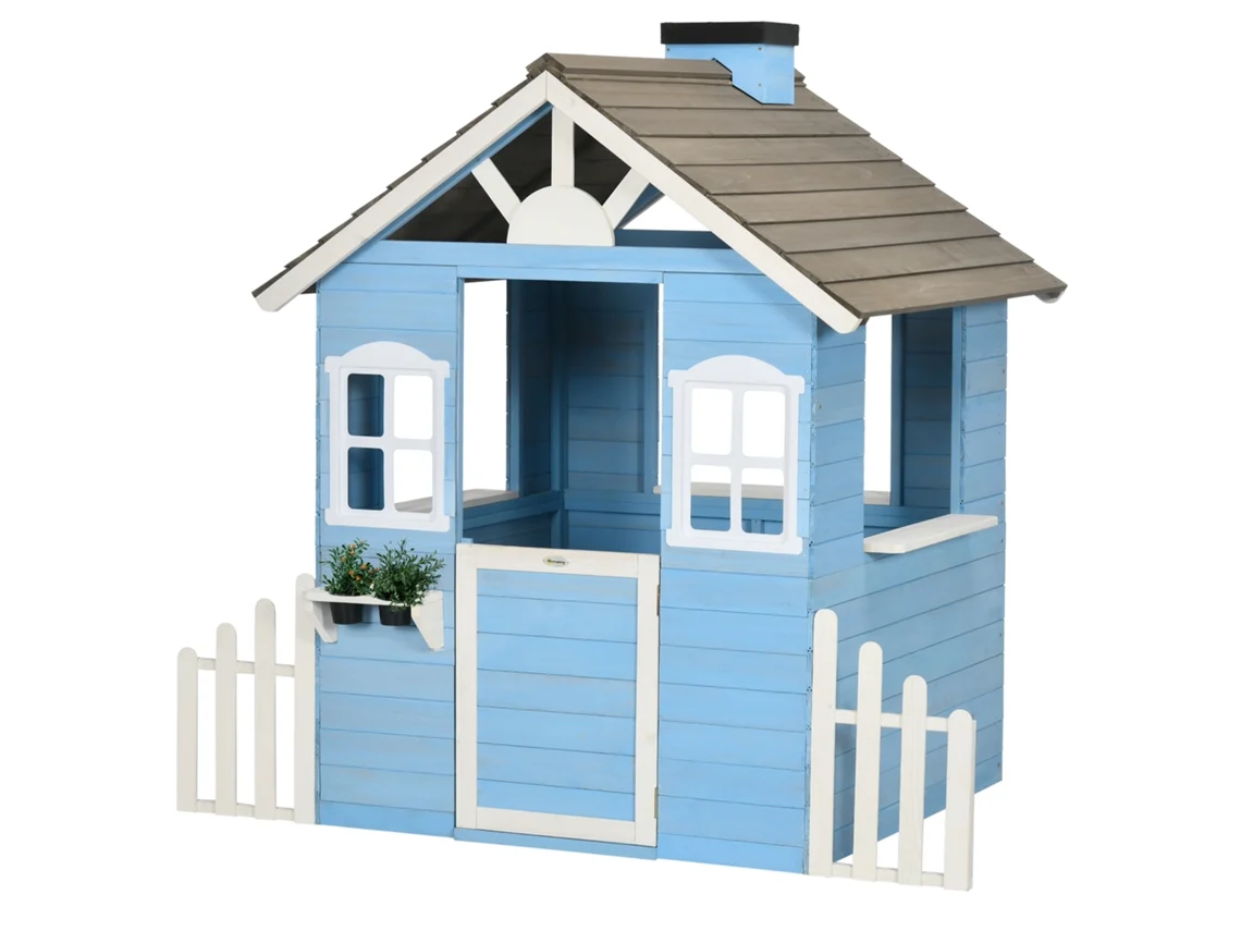 Casa de Madeira para Crianças com Porta Janelas Vasos e Cercas Laterais 151x112.5x142 Cm Azul Ge