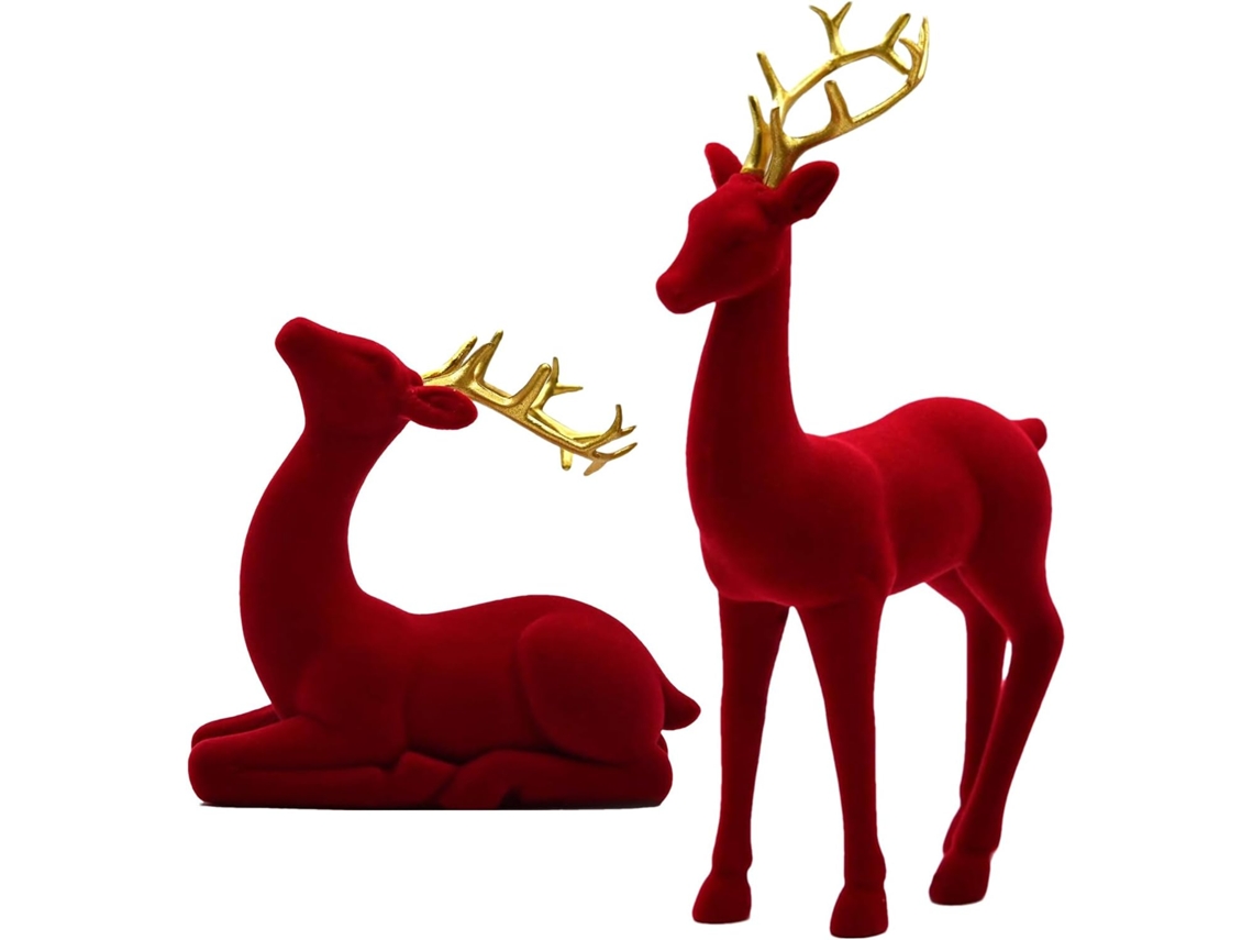 Decorações Natal Renas Estatuetas Flocadas 2 Peças Sentada Vermelha Verde Festa Escritório Cozinha Quarto GOKOCO