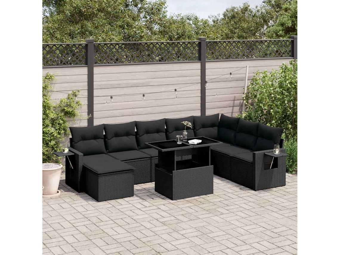 Vidaxl 8 Pcs Conjunto Sofás De Jardim Com Almofadões Vime Pe Preto