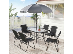 Conjunto Jardim 8 Peças Com Guarda-sol, 6 Cadeiras Dobráveis E Mesa Vidro Temperado, Preto
