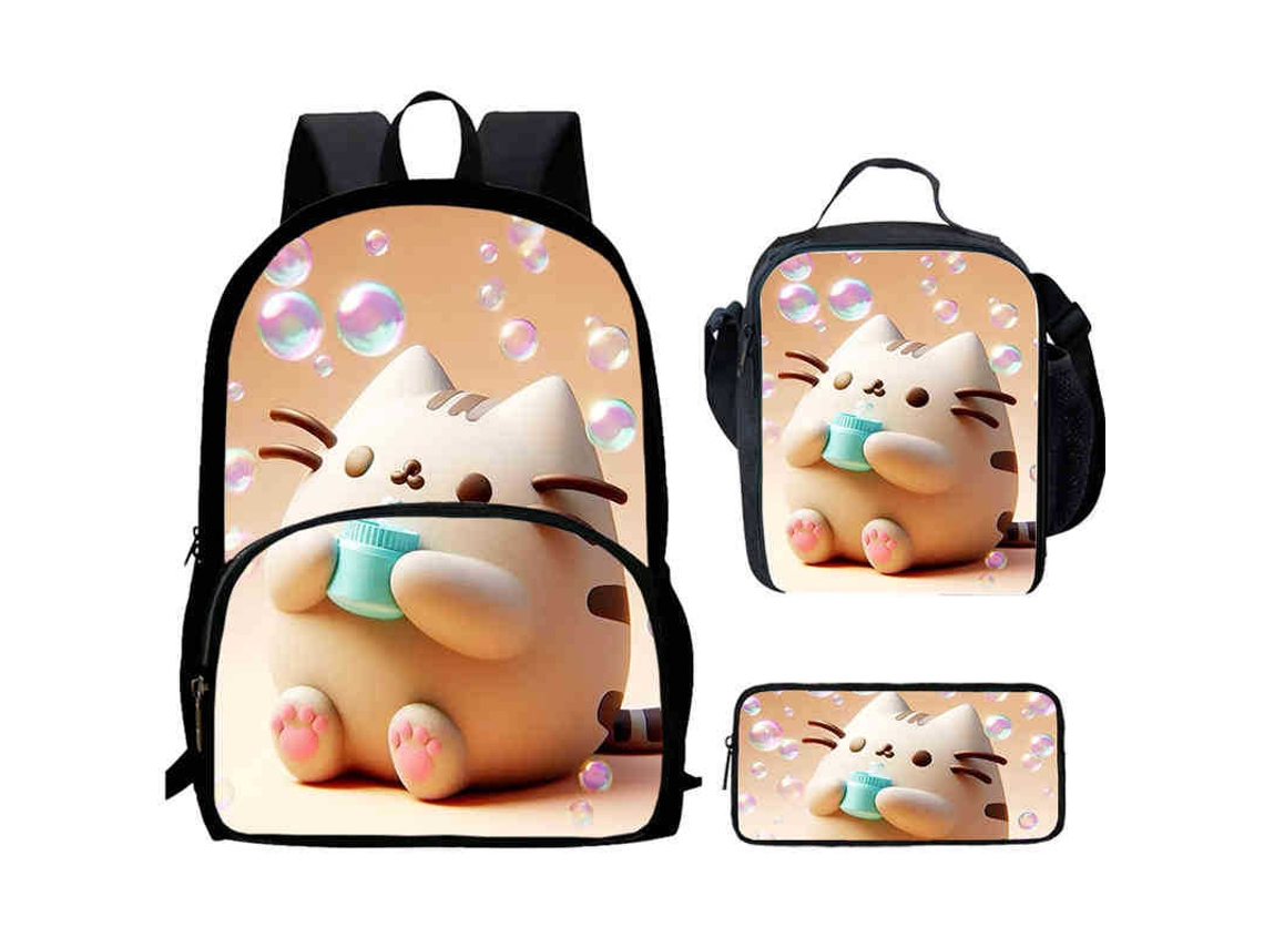 Mochila Estudantil Panoona 3 Peças Com Mochila, Lancheira E Estojo – Gato Cartoon Fofo, 17 Polegadas Estilo 9