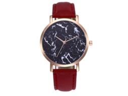 Relógio de casal Zhoulianfa, mostrador de mármore preto, aço, pulseira de couro PU vermelho.