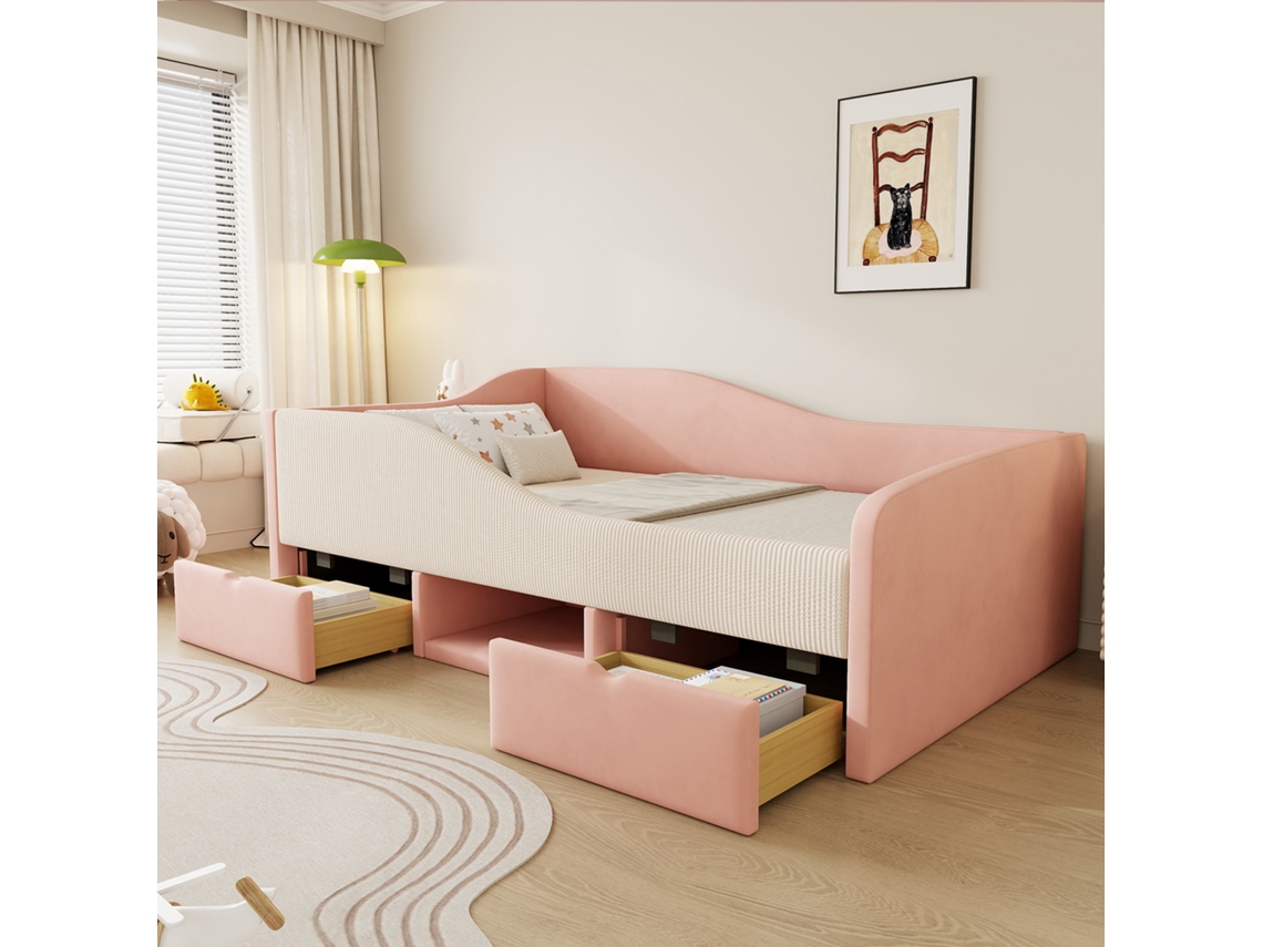 Sofá-cama Rosa/creme 90x190cm, 2 Gavetas, Cercas, Veludo (s/ Colchão). Cs
