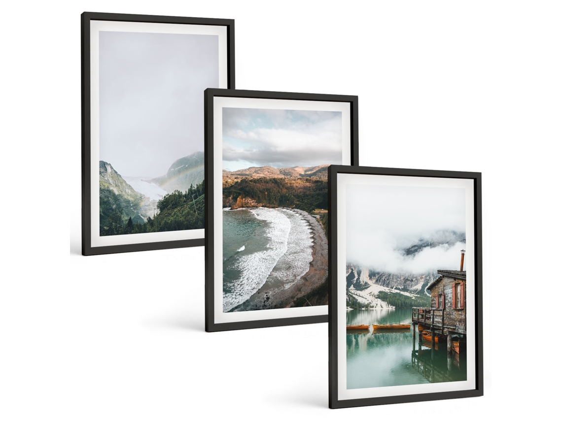 Galeria De Pinturas Murais Montanhas, Praia, Nuvens, Água Moldura Preta Pinturas De Quarto Espelharte (3 Piezas De 40x60 Cm)