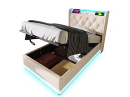 Cama de Solteiro Estofada com Led 360°, controle Remoto, baú Hidráulico, 90x200 Cm, pu Branco e Usb Tipo C na Cabeceira PAPRIKA