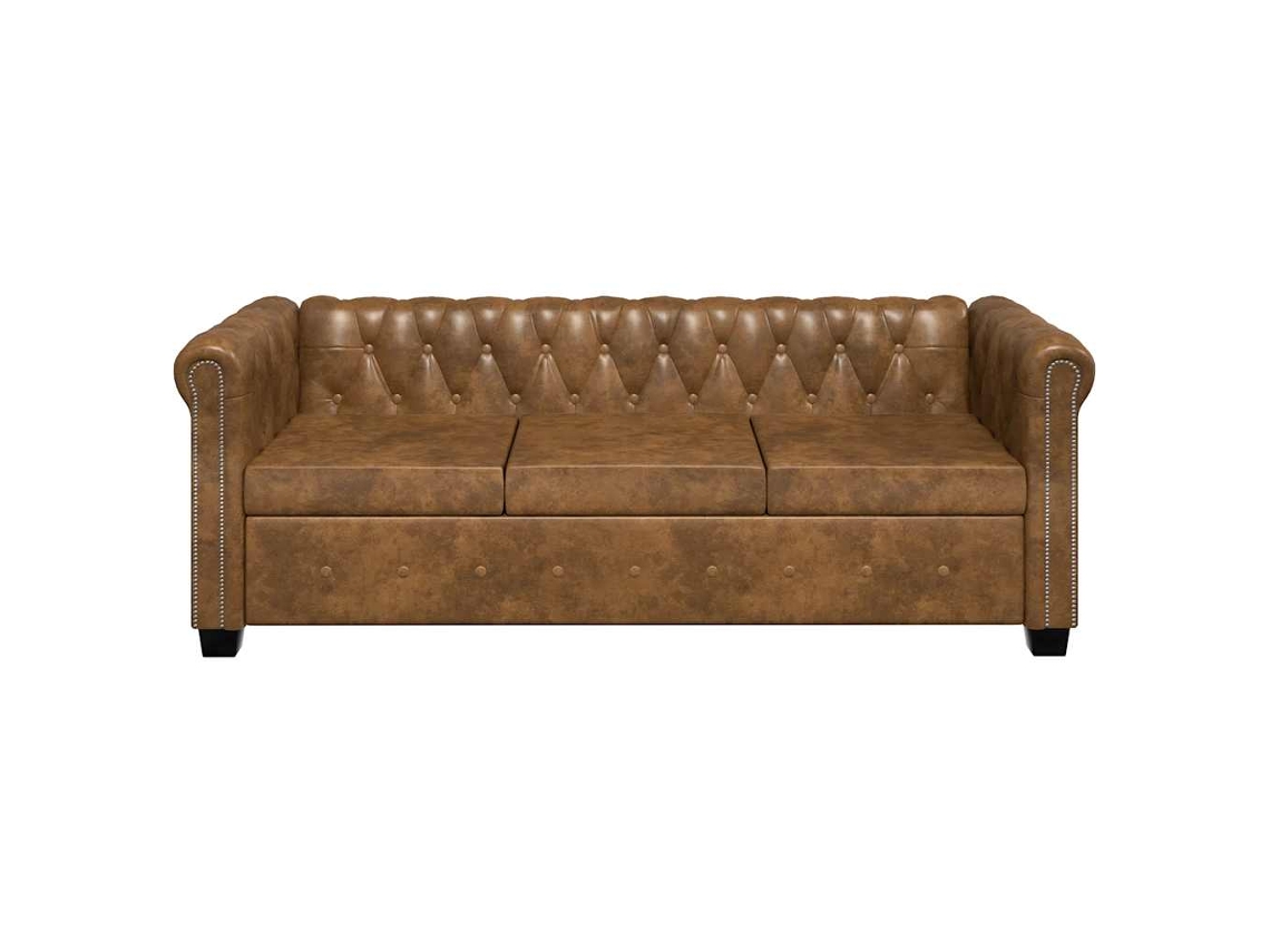 Sofá Chesterfield 3 Lugares Couro Artificial Castanho SYFAX