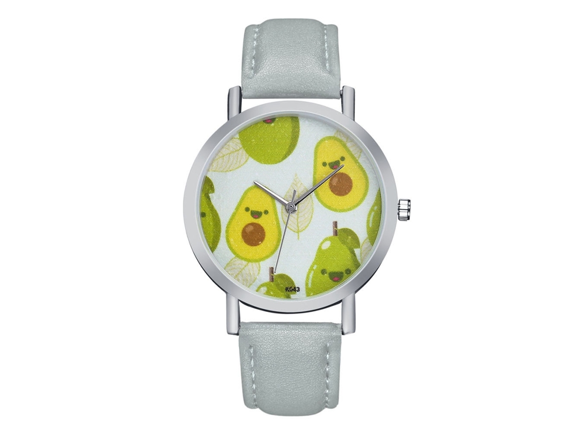 Relógio de Quartzo Feminino de Couro Pu com Mostrador de Frutas e Caixa Prata Cinza