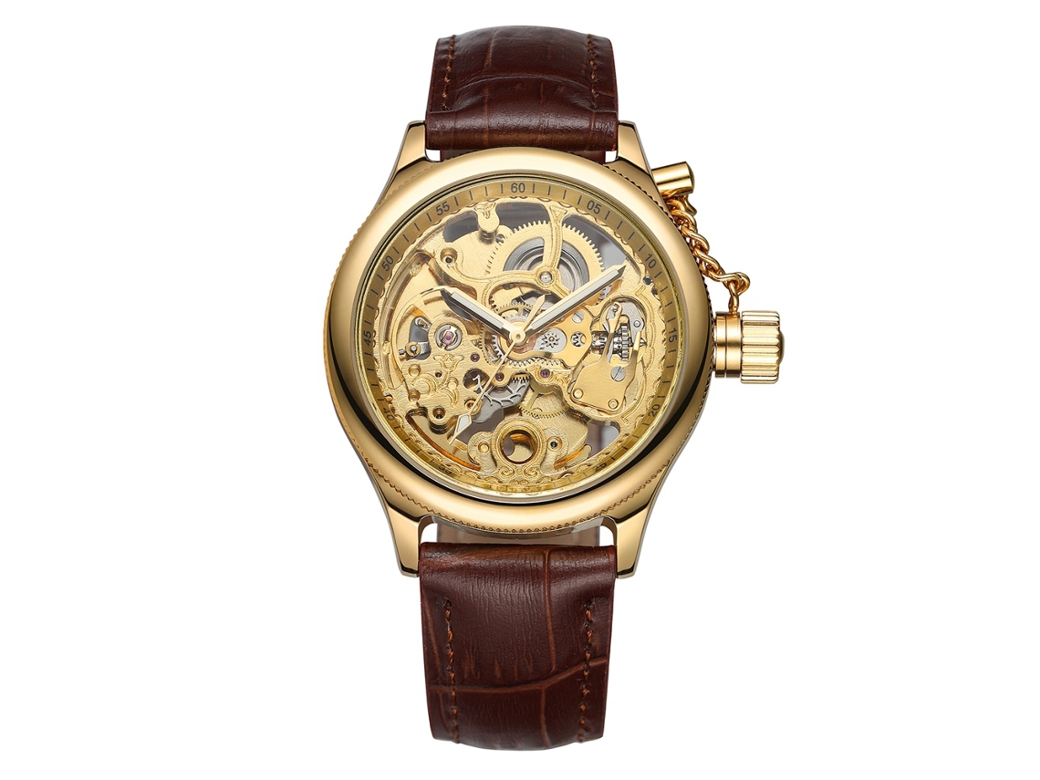 Relógio Mecânico Automático Masculino de Moda com Pulseira de Couro Pu (ouro+marrom Ouro)