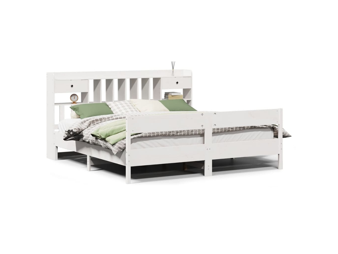 Cama com Estante Pinho Maciço Branco MAISON EXCLUSIVE (180x200 cm)
