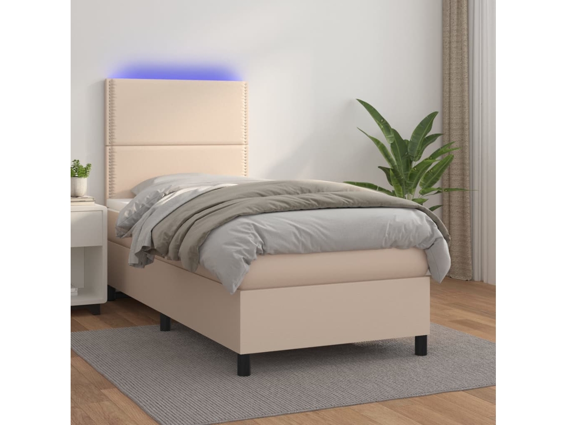 Cama Box Spring C/ Colchão/led 90x200cm Couro Artif. Cappuccino