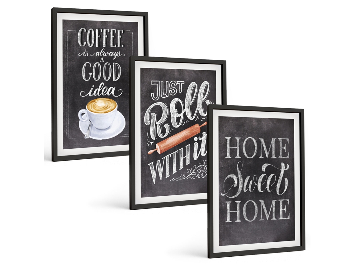 Pinturas Murais Modernas Café, Rolo, Aconchego Do Lar Moldura Preta Quadros Para A Sala De Estar Espelharte (3 Piezas De 40x60 Cm)