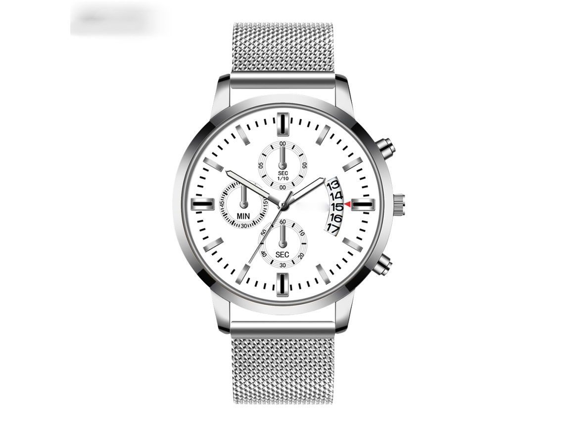 Relógio masculino de quartzo com calendário, mostrador redondo, pulseira de aço, prateado e branco.