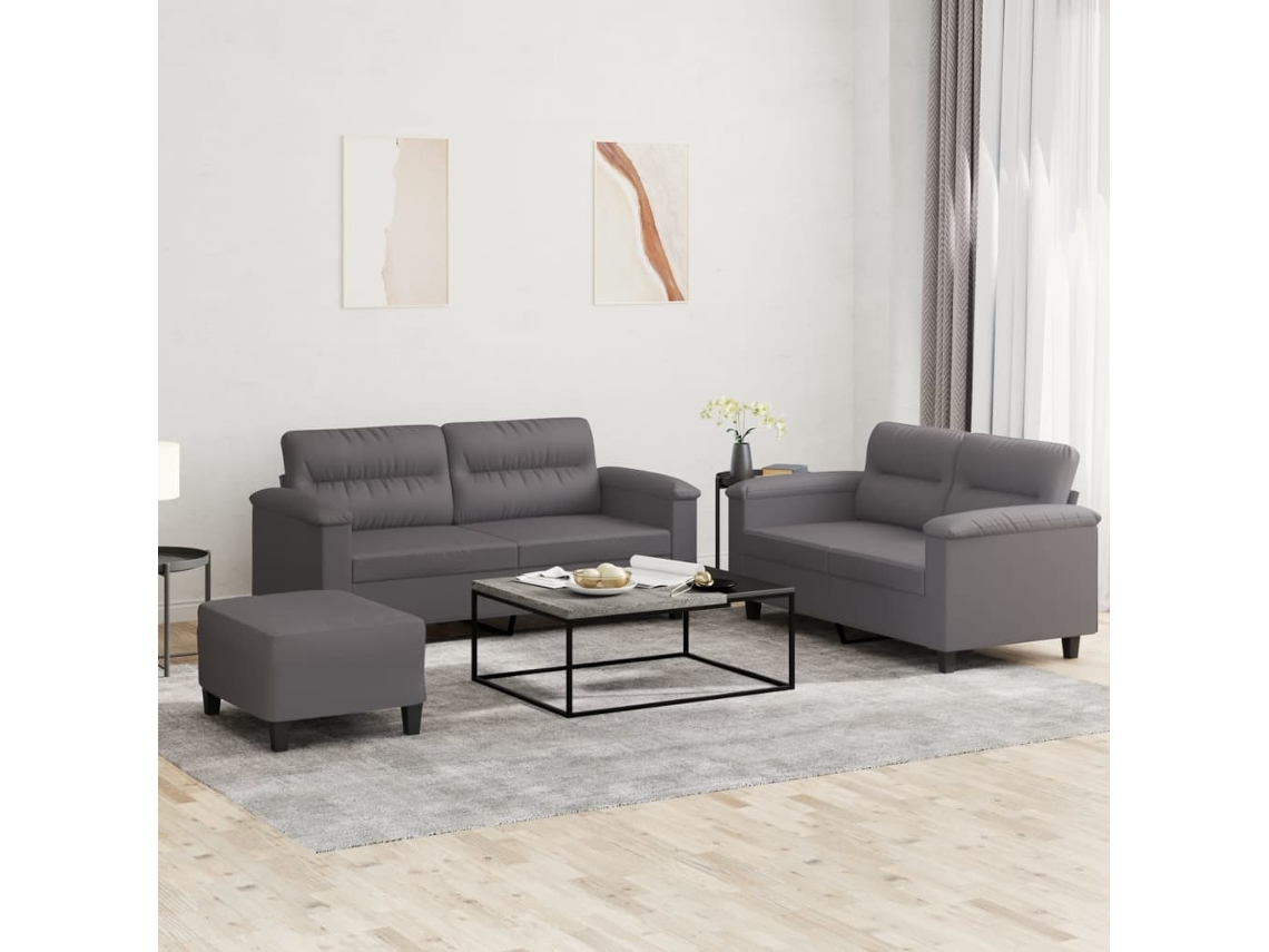 Vidaxl 3 Pcs Conjunto De Sofás C/ Almofadões Couro Artificial Cinzento