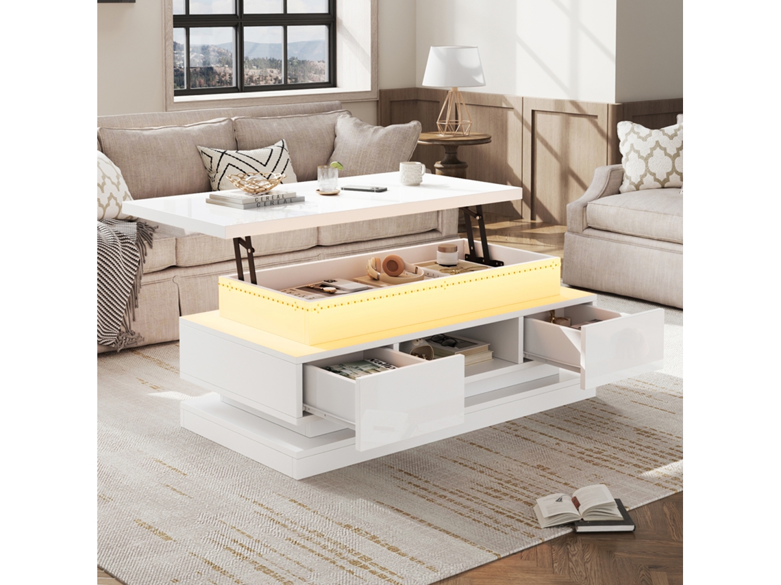 Mesa Centro Elevatória 100x50x40 Cm 2 Gavetas Led Branca
