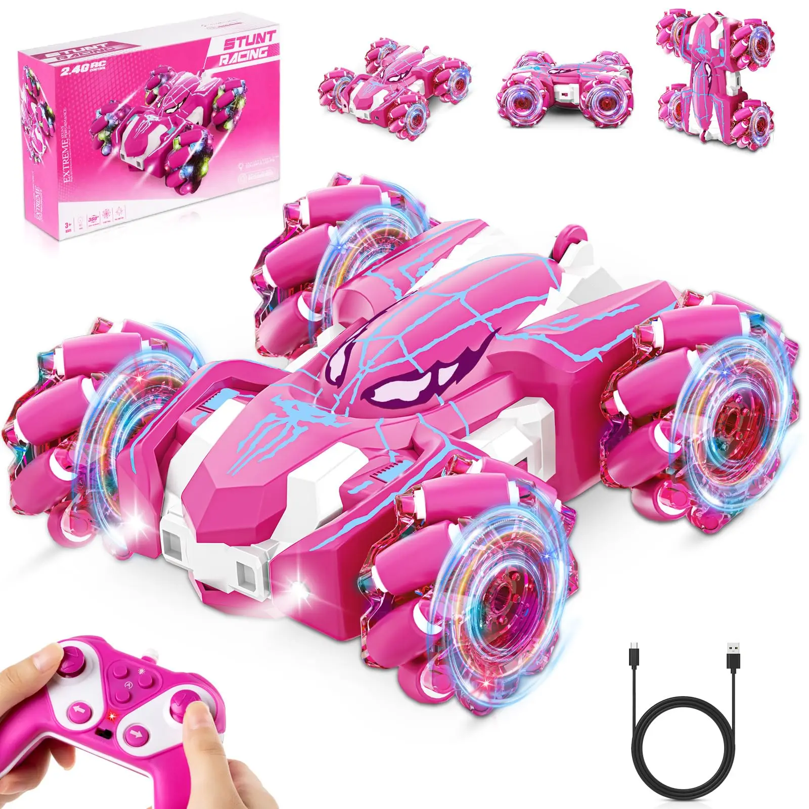 Carro Acrobático de Controle Remoto com Led, Rotação de 360°, Direção em Ambos os Lados. MDUG (rosa)