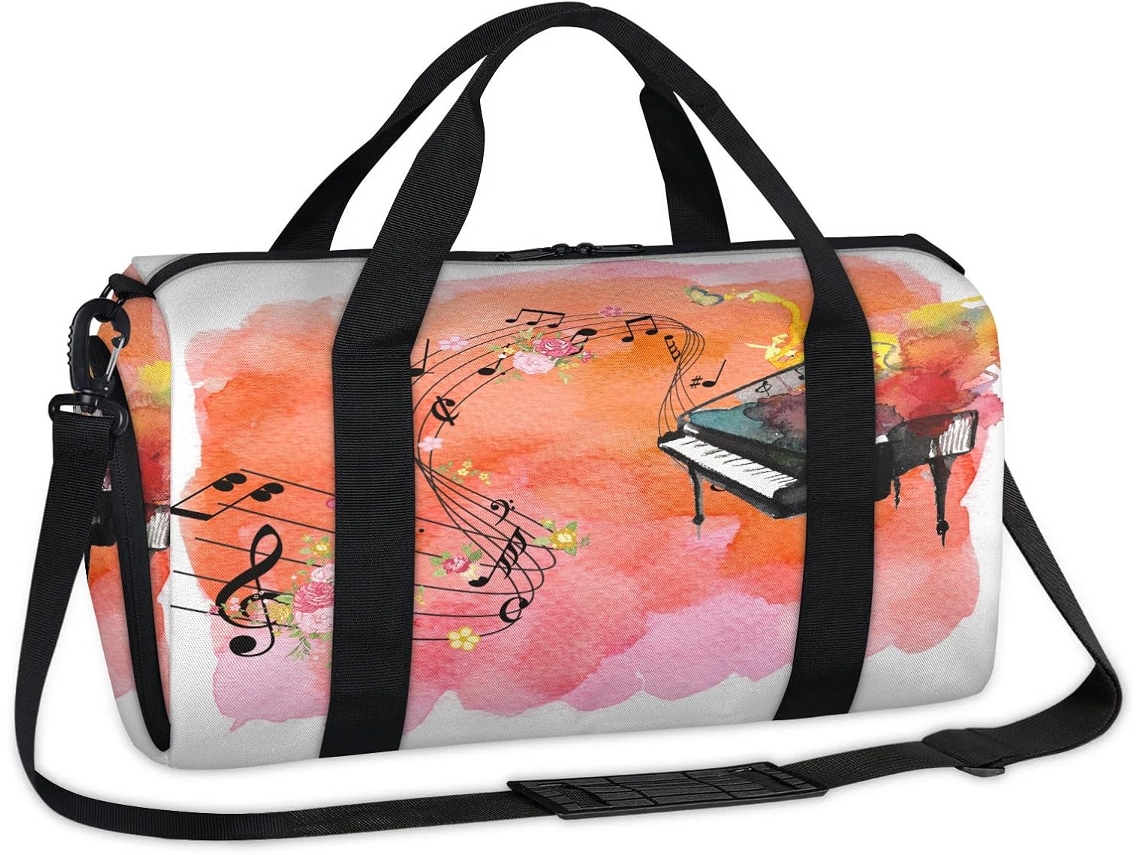 Bolsa Esportiva com Estampa Floral e Notas Musicais para o Fim de Semana 45x21x5x23cm Tecido Poliéste
