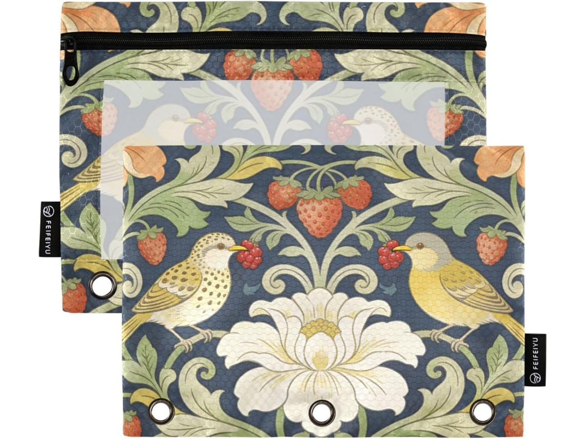 Pasta De 3 Argolas William Morris Red Strawberry Bird Com Janela Transparente E Capa Flexível Em Várias Cores, Com 3 Furos