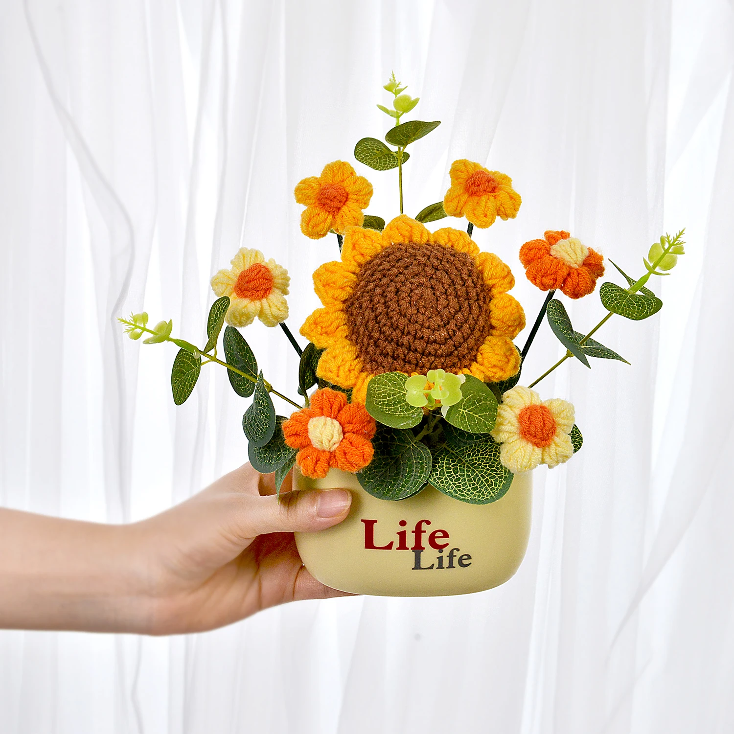 (girassol-1) Vaso De Flores De Crochê Feito À Mão, Adequado Para Decoração De Casa E Também Um Presente Para Mulheres, Esposas E Mães.