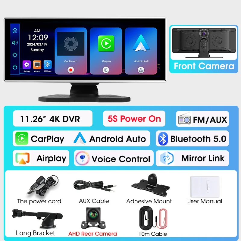 (cam-10m) Dvr Automotivo De 11,26 Polegadas, Lente Dupla 4k, Carplay