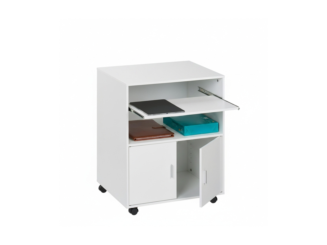Pedestal Móvel Relaxdays Com 2 Compartimentos E Suporte Para Teclado, Mesa Com Rodas, Hbt: 74 X 60 X 48 Cm, Branco