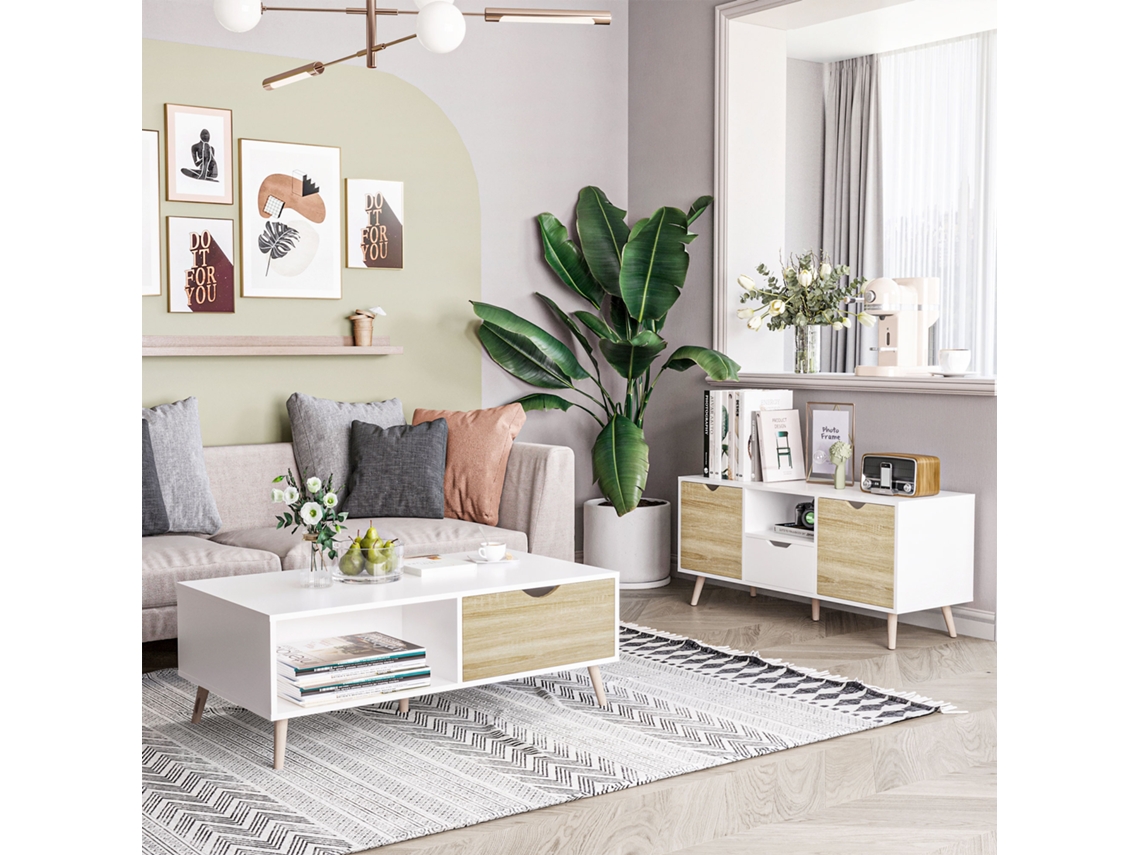 Móvel De Tv Moderno Para Tvs De Até 50 Polegadas, Em Aglomerado, Com Gavetas, 110x40x50 Cm, Nas Cores Branca E Madeira