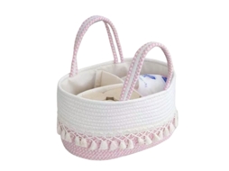 Caixa Organizadora Para Fraldas De Bebê, Cesto Para Guardar Produtos De Higiene Do Bebê, Rosa E Branco Com Borla Tommy01.