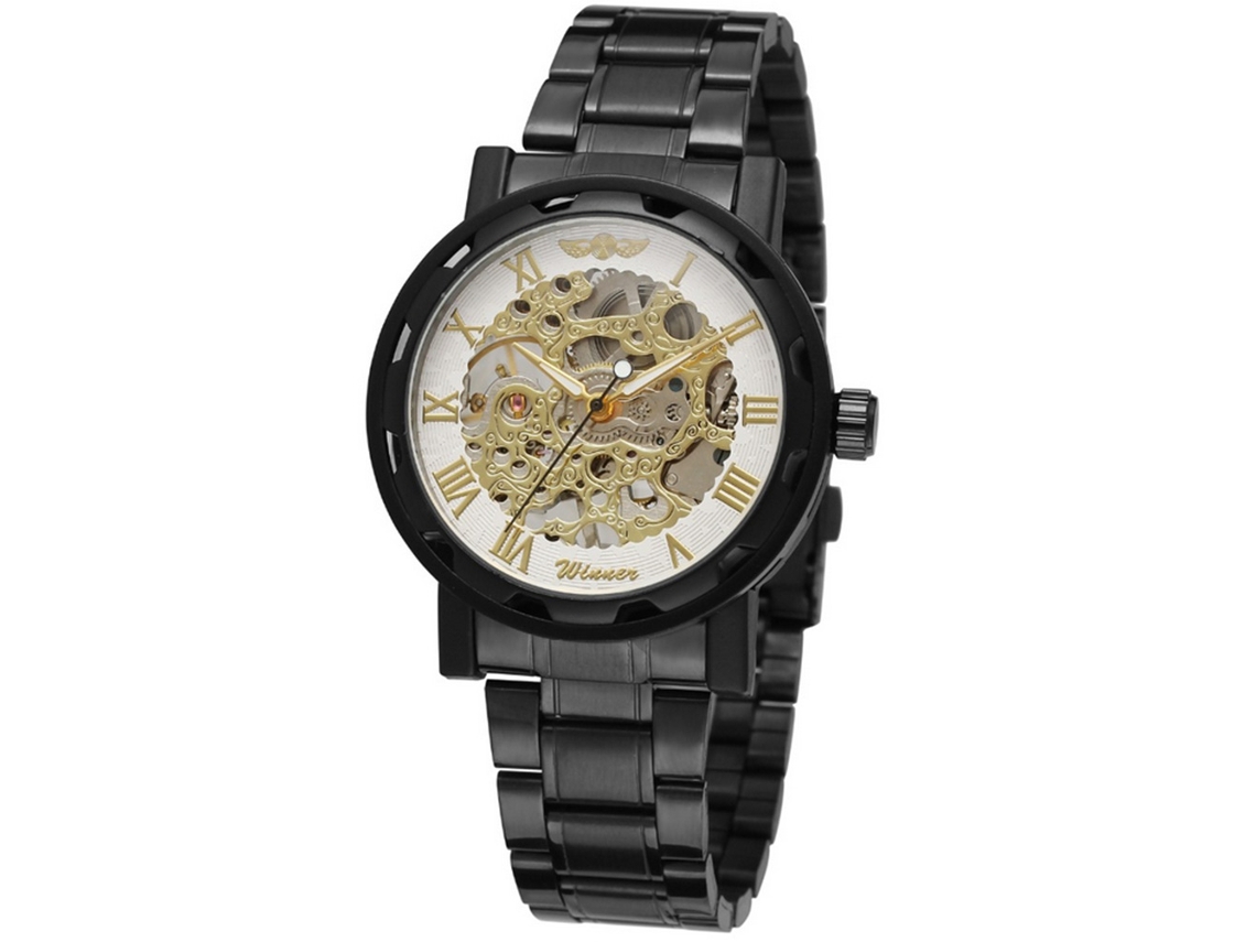 Relógio mecânico masculino à prova d'água com pulseira de aço da Winner (preto e branco)