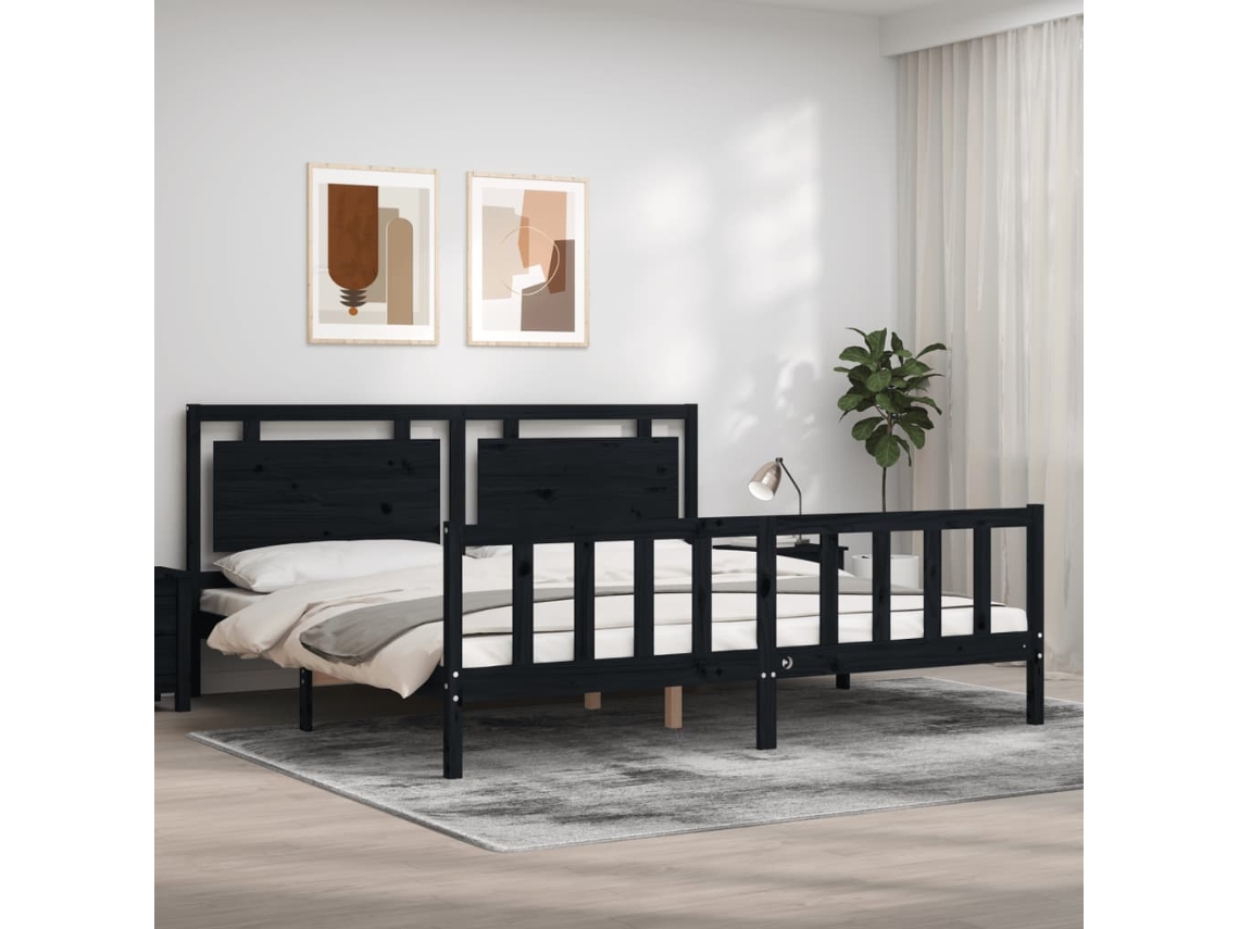 Vidaxl Estrutura De Cama Com Cabeceira 200x200 Cm Madeira Maciça Preto