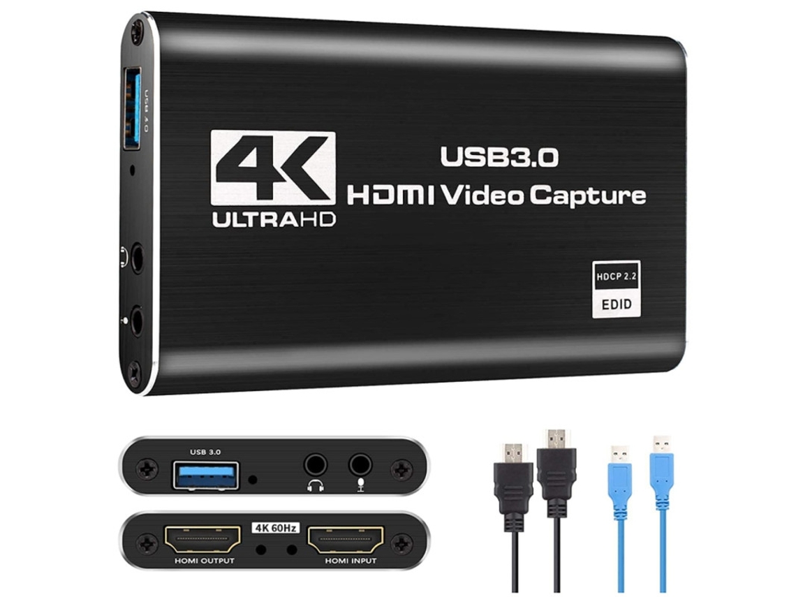 Placa De Captura De Transmissão Usb 3.0 4k 60hz Portas De Áudio E Microfone, Com Cabos Usb 3.0/hdmi Preto Yizhood