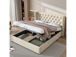 Cama Casal 140x190 Veludo Bege Asa Hidráulica Ripas
