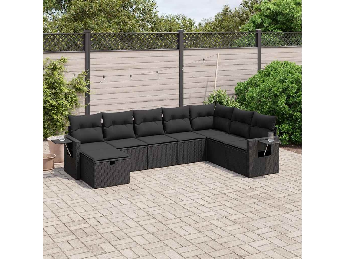 Vidaxl 8 Pcs Conjunto Sofás De Jardim Com Almofadões Vime Pe Preto