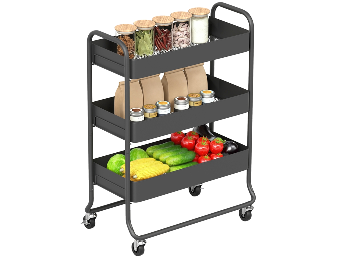 Carrinho De Cozinha, 3 Cestos, 4 Rodas, Metal, Preto-pt