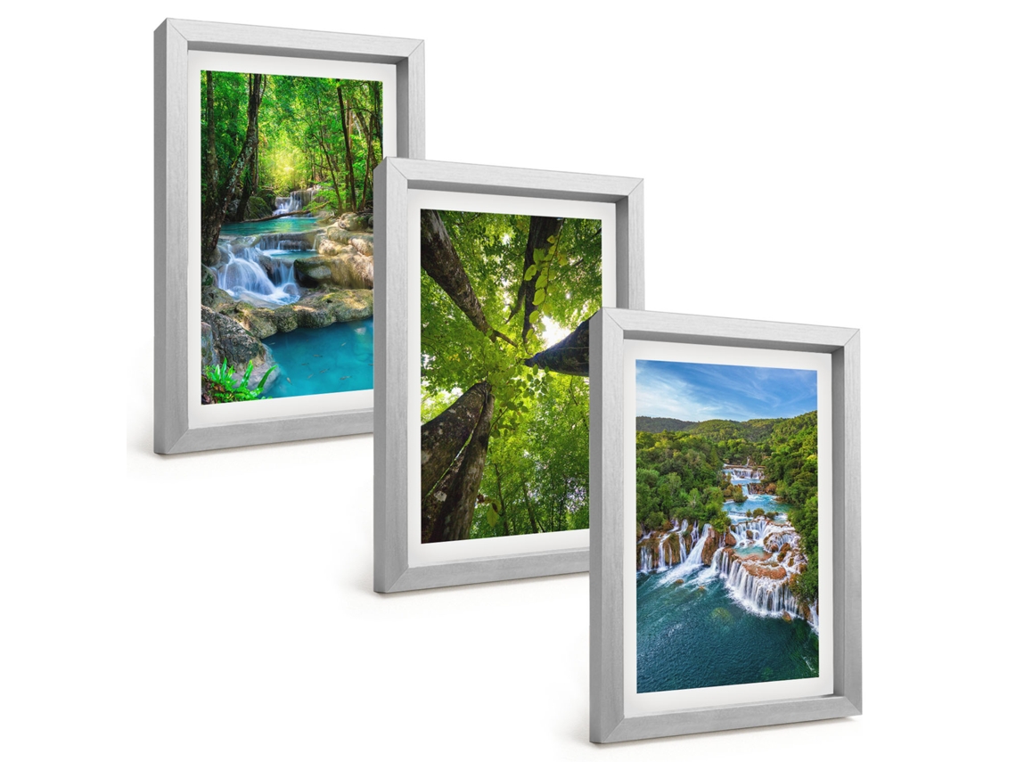 Galeria De Pinturas Muraiscachoeiras, Floresta Verde, Água Moldura Prateada Fotos Para O Escritório Espelharte (3 Peças 20x30 Cm)